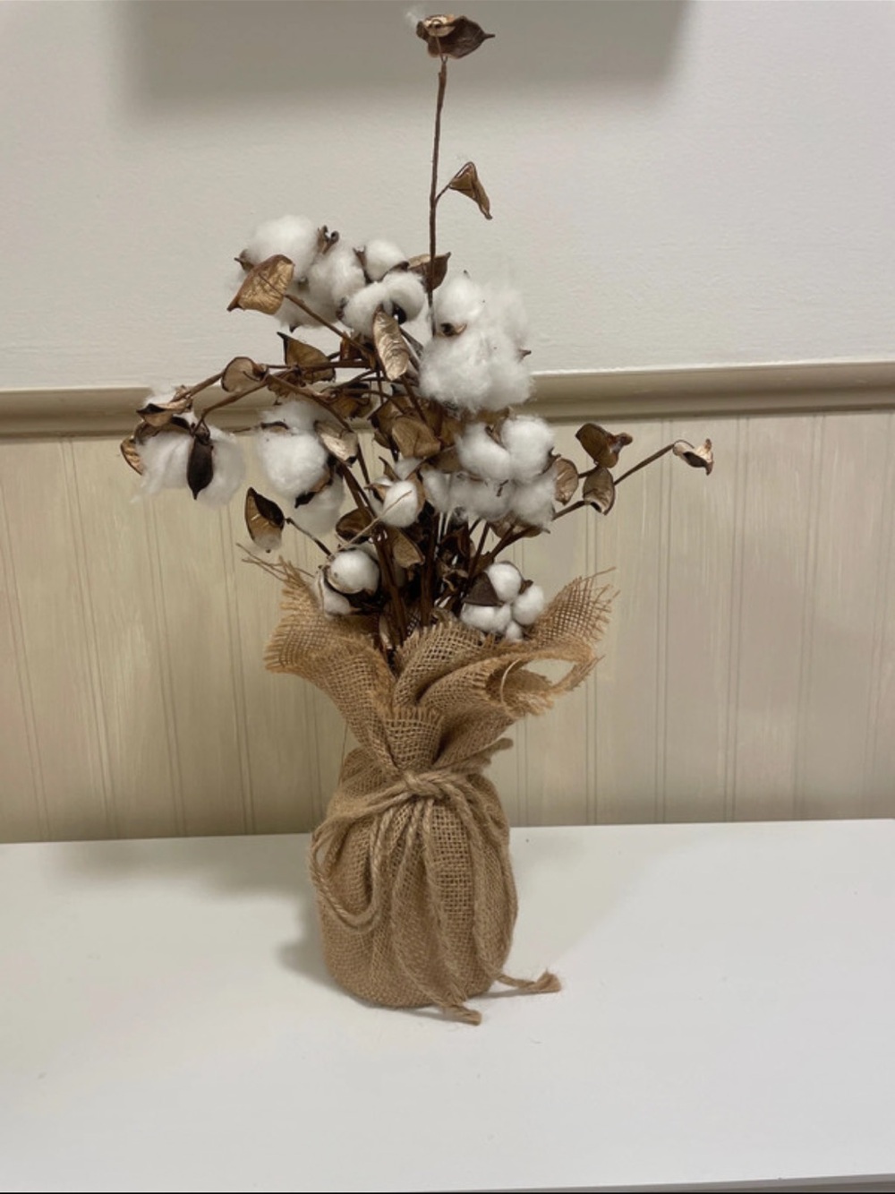 Kirklands Cotton Stem Burlap Bundle - White & Brown